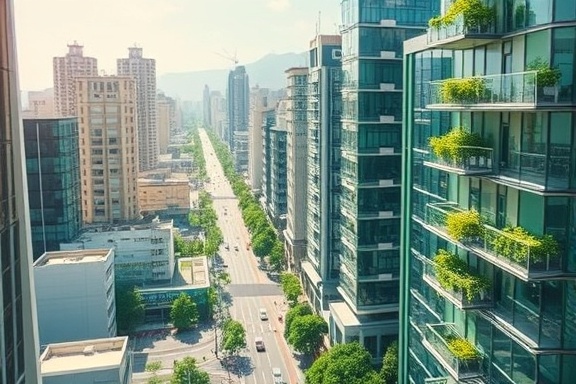 intelligent integration smart, thoughtful innovation, autonomously adapting, photorealistic, urban sprawl mixed with green technology, highly detailed eco-friendly simulations, spinning algorithms, high-definition clarity, pastel colors with green accents, natural sunlight, shot with a Leica 28mm f/2.0 lens.