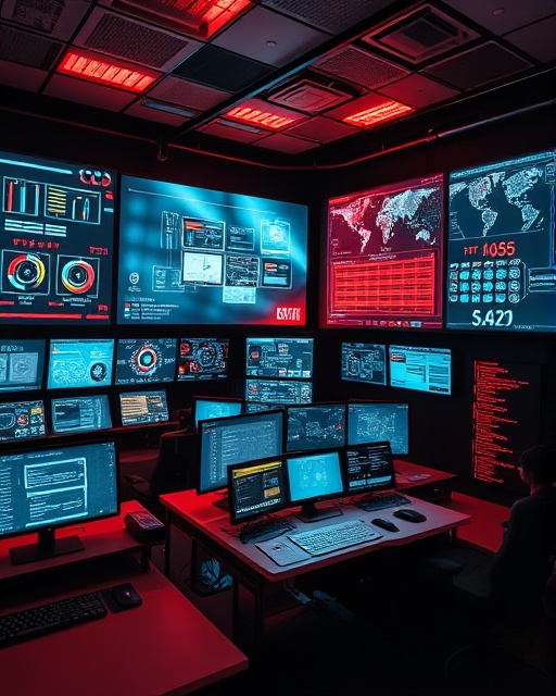 advanced integration system, cohesive expression, efficiently processing data, photorealistic, futuristic control room filled with digital screens and consoles, highly detailed interface blueprints, moving data visualizations, high dynamic range, warm tones with red highlights, directional soft lighting, shot with a Sony 35mm f/1.8 lens.