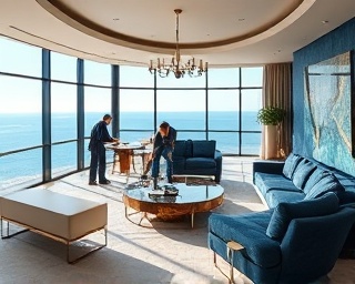 opulent living room, stylish ambiance, luxury design in progress, photorealistic, floor-to-ceiling windows overlooking an ocean view, highly detailed, workers setting up custom furniture pieces, macro lens, deep sapphire blue and ivory tones, natural daylight streaming in, shot with a Nikon D850