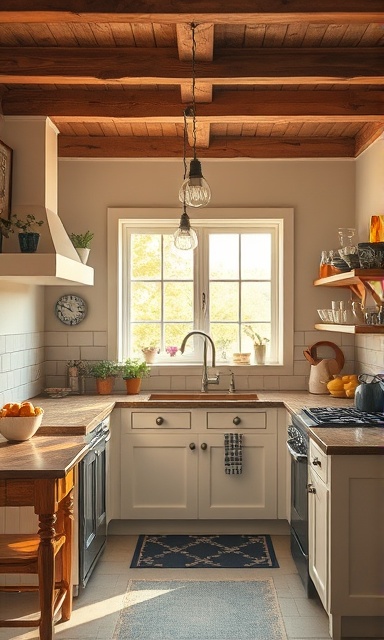 charming kitchen decor, warm, highlighting vintage elements with contemporary touches, photorealistic, cozy farmhouse style with wooden beams, highly detailed, playful shadows and light, 300dpi, pastel colors, sunset glow, shot with a Sony FE 24-105mm f/4 G lens.