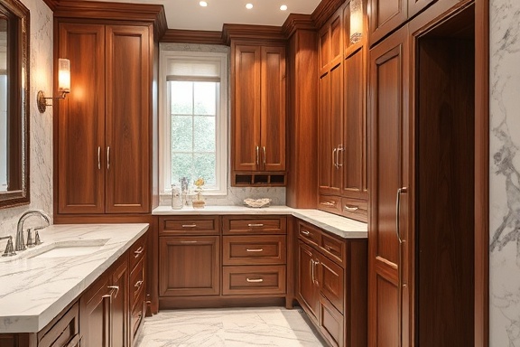 premium cabinetry, superior, emphasizing outstanding quality and materials, photorealistic, located in a lavish bathroom with marble counter-tops, highly detailed, rich textures and chrome handles, shot with a Fujifilm XF 35mm f/1.4 R lens, deep walnut, soft diffused light, shot with a Fujifilm XF 35mm f/1.4 R lens.