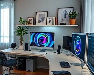 seamless integration devices, intuitive and versatile, actively synchronizing data, photorealistic, home office with smart gadgets and digital assistants, highly detailed texture maps, responsive animations, enhanced resolution, vibrant hues with silver and black, soft ambient lighting, shot with a Fujifilm XF 56mm f/1.2 R lens.