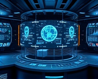 state-of-the-art integration system, strategic and robust, processing in real-time, photorealistic, control hub with large transparent screens and holographic models, highly detailed architecture, revolving 3D models, enhanced textures, steely blues with neon inserts, spot lighting, shot with a Zeiss 55mm f/1.4 lens.