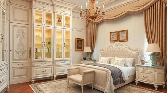 elegant cabinetry, refined, exhibiting a classic style with modern touches, photorealistic, adorning a plush bedroom suite with luxurious drapes, highly detailed, ornate details with glass inserts, shot with a Leica Summilux-M 50mm f/1.4 ASPH lens, ivory, gentle morning light, shot with a Leica Summilux-M 50mm f/1.4 ASPH lens.