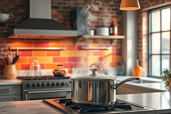 artistic kitchen artistry, creative, blending retro and modern elements, photorealistic, set in a loft with exposed brick walls and vibrant splashbacks, highly detailed, steam rising from a pot, textures of copper and stainless steel, pastel colors, dramatic spotlighting, shot with a 50mm lens.