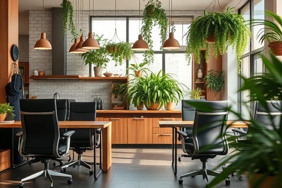stylish kitchen furnishings, cozy, arranged with ergonomic chairs and pendant lights, photorealistic, complemented by a backdrop of lush indoor plants, highly detailed, motion blur of hanging plants swaying, matte and gloss finishes, earth tones, soft focus natural lighting, shot with a 70-200mm zoom lens.