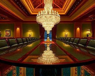 extravagant dining room, vibrant gathering space, remodeling luxury, photorealistic, elongated dining table with crystal chandelier overhead, highly detailed, professionals staging an elegant dining set, prime lens, rich mahogany and emerald green, warm tungsten lighting, shot with a Hasselblad X1D II 50C