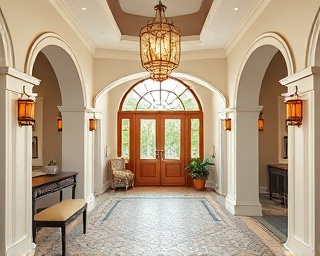 stylish foyer, welcoming transition, luxury renovation, photorealistic, artisan-crafted mosaic floor and pendant lighting, highly detailed, remodelers fine-tuning decorative arches, wide-angle lens, luxurious ivory and bronze, soft indirect lighting, shot with a Sigma fp
