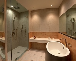 sophisticated bathroom, serene atmosphere, luxury renovation efforts, photorealistic, spa-like features with rainfall shower and soaking tub, highly detailed, artisans hand-crafting the finishing touches, fisheye lens, muted earth tones and brushed gold accent, soft recessed lighting, shot with a Sony Alpha 7R IV