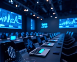 innovative integration technology, visionary outlook, dynamically bridging platforms, photorealistic, tech conference with rows of connected laptops and interactive displays, highly detailed circuit designs, pulsating light indicators, bokeh effect in background, chrome finish with digital blue, stage lighting, shot with a Canon RF 85mm f/1.2L lens.
