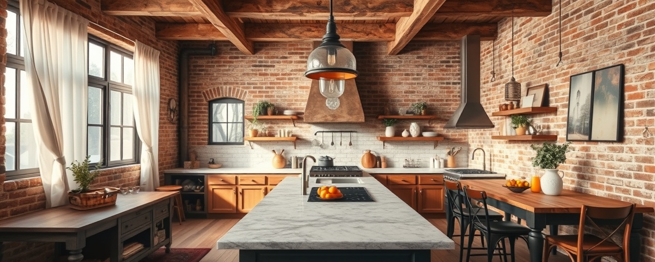 remodel renovation, inspiring, demonstrating a blend of rustic and modern kitchen elements, photorealistic, spacious kitchen area with exposed brick walls and industrial style light fixtures, highly detailed, subtle movement from curtains blowing gently, wide-angle, earthy tones with splashes of vibrant colors, soft natural lighting, shot with a 24mm lens.
