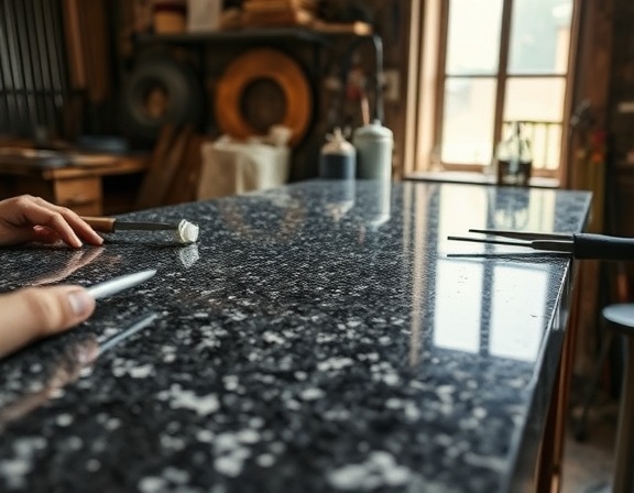 contemporary granite countertop, textured, being crafted, photorealistic, within an artisan's workshop, highly detailed, hand-held tools around, extended depth of field, deep charcoal and speckled features, natural window light, shot with a 70mm lens.