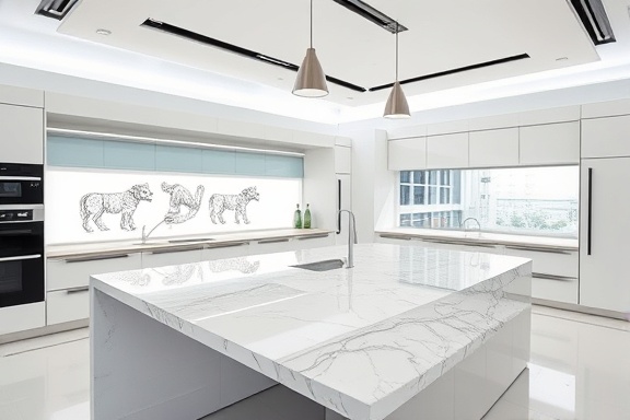 modern countertop design, innovative, being illustrated, photorealistic, situated in a futuristic design studio, highly detailed, digital drawings on a screen, balanced focus distribution, clear white-space concepts, diffused artificial light, shot with a 18mm lens.