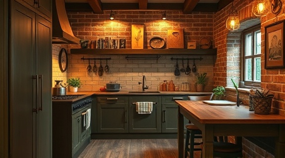 traditional kitchen design, cozy, incorporating antique fittings, photorealistic, rustic charm with brick walls and wooden floors, highly detailed, warm ambiance, high definition, earthy tones, candle-like lighting, shot with an Olympus M.Zuiko Digital ED 12-40mm f/2.8 lens.