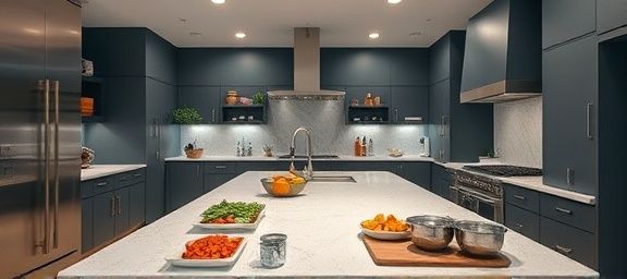 remodeling kitchen, modern and sleek, crafting a culinary masterpiece, photorealistic, contemporary kitchen with an expansive island and matte finishes, highly detailed, an array of colorful ingredients being chopped, extreme detail, stainless steel and muted blues, focused overhead lighting, shot with a 24mm lens.