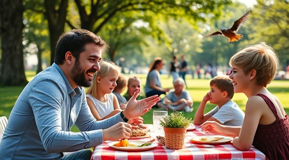 joyful testimonials stories, cheerful expression, sharing with a friend, photorealistic, park setting with people picnicking, highly detailed, children playing and birds flying, 10K resolution, bright and colorful hues, midday sunlight, shot with a 28mm lens.