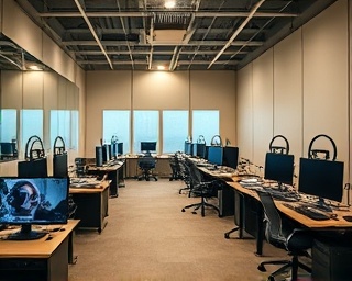 streamlined integration design, minimalist aesthetic, operating efficiently, photorealistic, quiet office with virtual reality gear and connectivity hubs, highly detailed component layouts, continuous data flow, shallow depth of field, earthy tones with a touch of gold, soft overhead lighting, shot with a Panasonic Lumix 25mm f/1.7 lens.