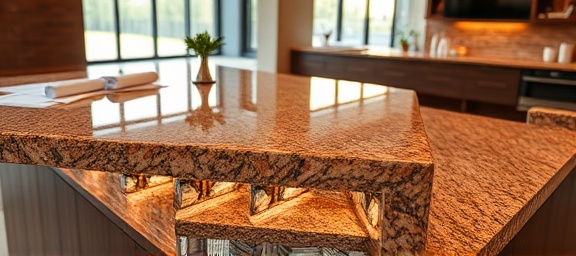 sophisticated granite countertop, polished, being designed, photorealistic, placed in a contemporary open space, highly detailed, scattered design sketches, wide aperture, rich brown and gold tones, ambient indoor light, shot with a 35mm lens.