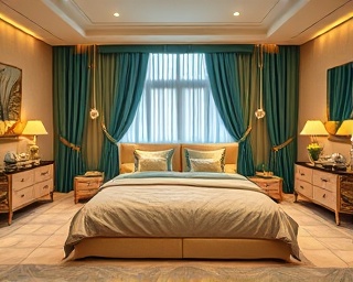 magnificent bedroom, calm elegance, luxury interiors refinement, photorealistic, plush bedding and velvet drapes, highly detailed, designers adjusting room layout and decor, tilt-shift lens, warm beige and teal palette, diffused soft lighting, shot with a Fujifilm GFX100
