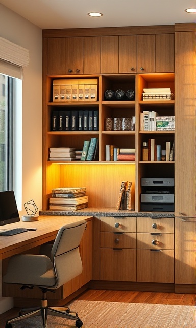 custom cabinetry, unique, highlighting personalized storage solutions, photorealistic, positioned in a cozy home office with warm lighting, highly detailed, innovative organizational features, shot with a Sony FE 24-70mm f/2.8 GM lens, oak finish, soft evening light, shot with a Sony FE 24-70mm f/2.8 GM lens.