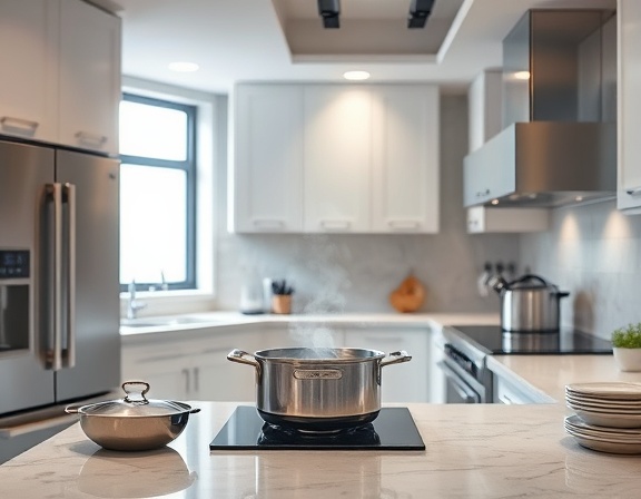 remodeling kitchen, efficient and elegant, preparing a gourmet meal, photorealistic, a state-of-the-art kitchen with stainless steel appliances and a stone countertop, highly detailed, steam rising from a pot, ultra-high-definition textures, muted whites and grays, soft overhead lighting, shot with a macro lens.