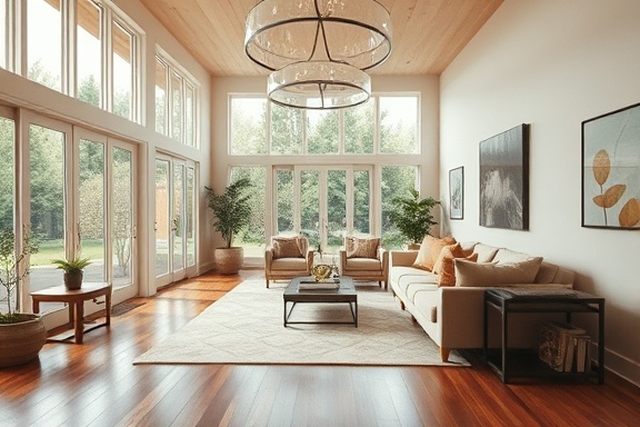 remodeling interiors, serene and inviting, exuding warmth, photorealistic, spacious living room with floor-to-ceiling windows overlooking a garden, highly detailed, rich wooden textures and plush furnishings, depth of field, earthy colors, natural lighting, shot with a 35mm prime lens.