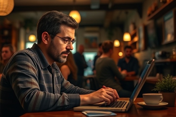 reflective testimonials review, contemplative expression, typing on a laptop, photorealistic, quaint café with rustic décor, highly detailed, background chatter and aroma of coffee, 6K resolution, earthy color tones, soft evening lighting, shot with a 85mm lens.