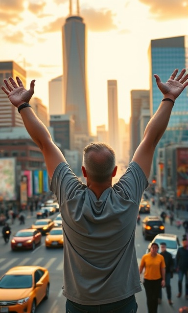 ecstatic testimonials success, triumphant expression, raising arms in victory, photorealistic, bustling cityscape with skyscrapers, highly detailed, vibrant traffic and pedestrians, 1080p resolution, vivid color palette, golden hour lighting, shot with a 24mm lens.