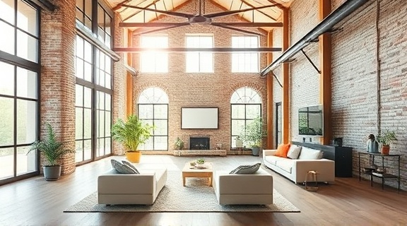 remodeling interiors, open and airy, basking in natural light, photorealistic, modern loft with exposed brick and beams, highly detailed, sunlight streaming through large windows, high-resolution clarity, soft pastels and bold accents, natural lighting, shot with a full-frame camera.