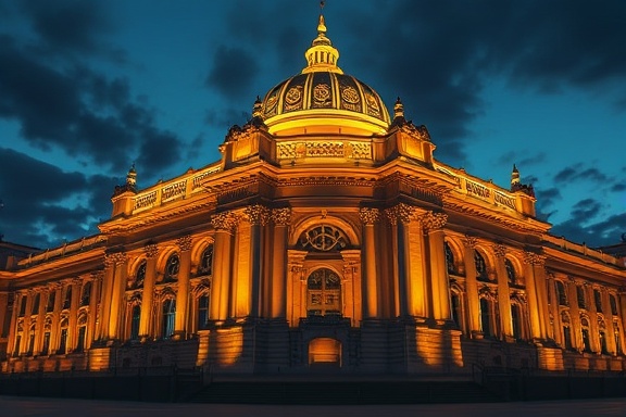 architectural lighting design, sophisticated, enhancing structure, photorealistic, iconic landmark in twilight, highly detailed, dynamic shadows, intricate resolution, golden hues, twilight glow, shot with a wide-angle lens.