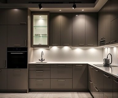 elegant kitchen cabinets, refined, offering seamless storage solutions, photorealistic, integrated lighting and hidden handles, highly detailed, glossy and matte finishes, high-resolution, monochromatic, track lighting, taken with a Fujifilm XF 18-55mm f/2.8-4 R lens.