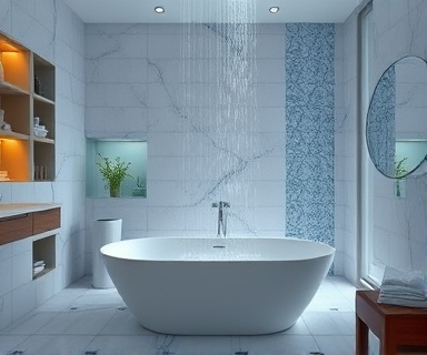 remodeling bathroom, serene tranquility, indulging in relaxation, photorealistic, luxury spa-style bathroom with a freestanding tub and waterfall showerhead, highly detailed, steam gently misting, HDR imagery, soothing blues and whites, soft backlighting, shot with a 50mm lens.