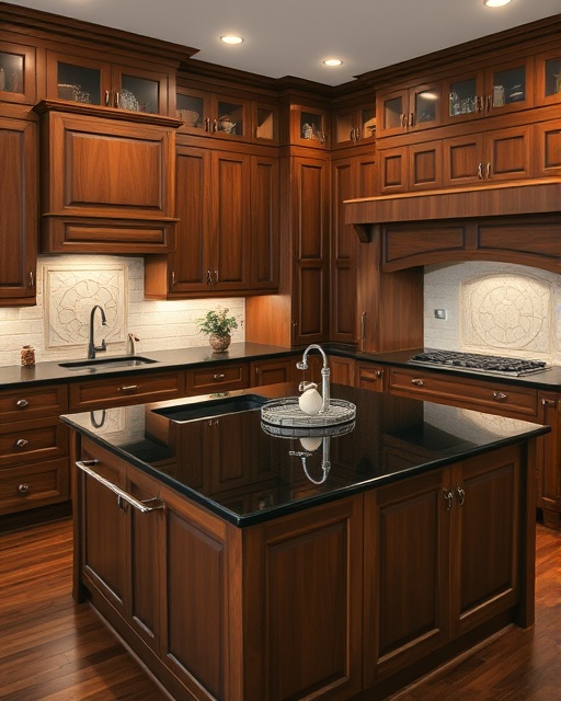 contemporary kitchen remodel, elegant, highlighting custom cabinetry, photorealistic, featuring a large island with black granite countertop, highly detailed, reflections from polished surfaces, intricate patterns, rich mahogany, soft ambient lighting, shot with a 35mm prime lens.