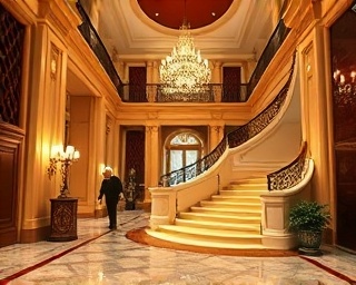 grandeur entrance hall, inviting sophistication, luxury design upgrade, photorealistic, sweeping staircase with wrought-iron railings, highly detailed, craftsmen polishing marble floors, zoom lens, opulent gold and burgundy, chandeliers creating a dramatic effect, shot with a Panasonic Lumix GH5