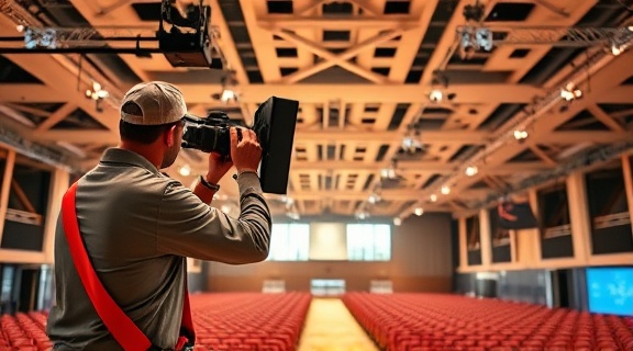 professional lighting installers, precise, adjusting equipment, photorealistic, expansive conference hall under construction, highly detailed, moving parts, pin-sharp clarity, natural and warm, neutral lighting, shot with a 24-70mm lens.