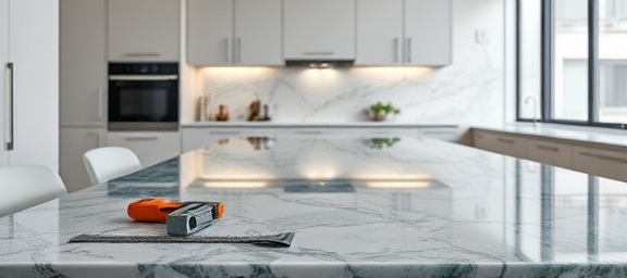 elegant marble countertop, shining, being measured for installation, photorealistic, within a high-end minimalist kitchen, highly detailed, tools and templates visible, sharp focus foreground, deep green and white hues, overhead spotlighting, shot with a 50mm lens.