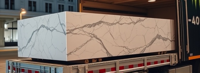 bespoke marble countertop, unique, being transported, photorealistic, on a premium transport vehicle, highly detailed, safety gear and padding visible, prominent volumetric elements, classic white and gray patterns, below warm streetlights, shot with a 50mm lens.