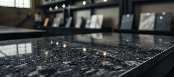 stylish granite countertop, smooth, being selected, photorealistic, in a chic industrial setting, highly detailed, sample pieces displayed, narrow depth of field, dark gray and ebony tones, moody ambient lighting, shot with a 85mm lens.