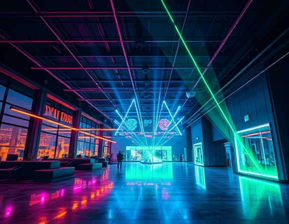 futuristic lighting modern, captivating, transforming space, photorealistic, spacious urban loft with high ceilings, highly detailed, laser effects, ultra-sharp focus, neon blue and green, dramatic lighting, shot with an 85mm lens.