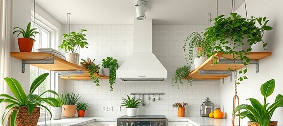 contemporary kitchen decor, stylish, utilizing open shelving and hanging plants, photorealistic, fresh and inviting look with natural light, highly detailed, animated atmosphere, 8K, vibrant greens and whites, overhead lighting, captured with a Panasonic Lumix S Pro 16-35mm f/4 lens.