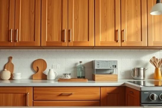cabinetry kitchen, serene expression, organizing clutters, photorealistic, fine-grained wooden cabinets with elegant handles as the background, highly detailed, reflections on the polished surfaces, 4k resolution, warm earth tones, soft overhead lighting, shot with a 35mm lens.