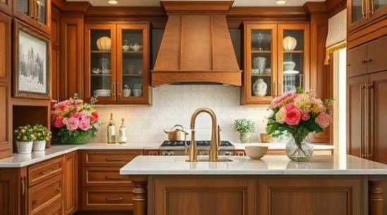 cabinetry kitchen, cheerful expression, decorating with fresh flowers, photorealistic, walnut cabinetry with ornate gold fixtures throughout the space, highly detailed, floral bouquets invoking freshness, very high detail, pastel shades, soft light flooding, shot with a 35mm lens.