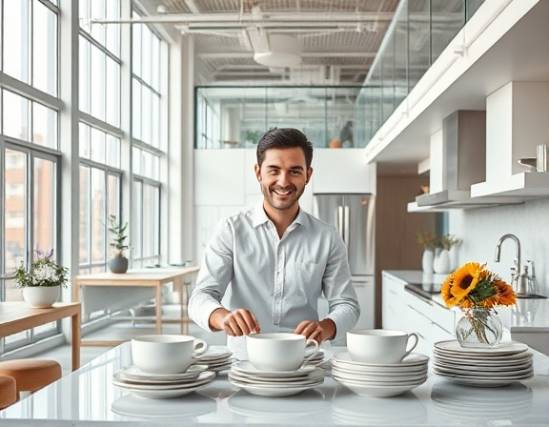 spacious kitchen, satisfied expression, arranging dinnerware, photorealistic, centrally positioned within an airy loft with glass partitions, highly detailed, subtle decorative elements, intricate detailing, pearl white, daylight ambiance, shot with a 85mm lens.